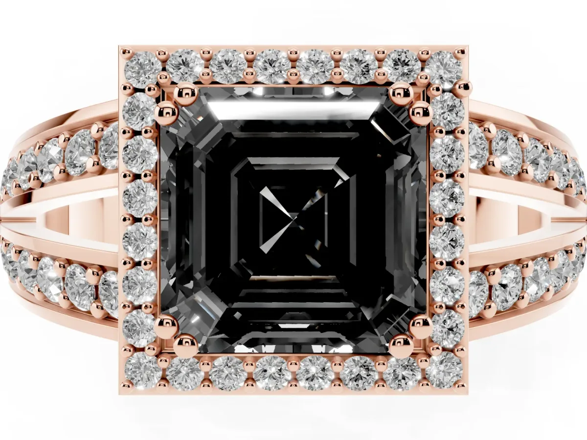 Fancy Black Asscher Cut Diamond Halo Ring with Split Shank Pavé Band and Four-Prong Setting Rose gold