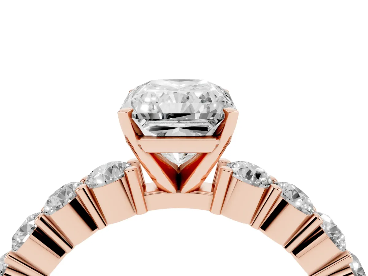 Radiant Cut Diamond Solitaire Ring with Shared Prong Round Side Stones Rose gold
