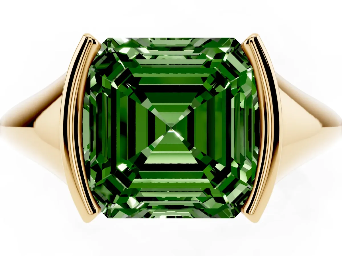 Fancy Green Asscher Cut Solitaire Tension Set Diamond Ring Yellow gold