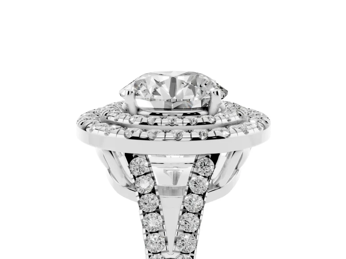 Round Cut Diamond Double Halo Ring with Pavé Band and Prong Setting Silver