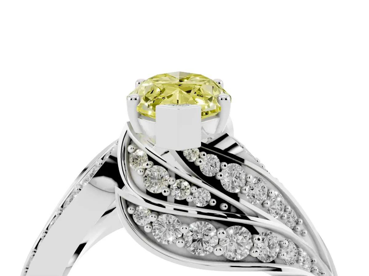 Fancy Yellow Marquise Cut Diamond Solitaire Ring with Prong Setting and Twisted Pavé Band Platinum