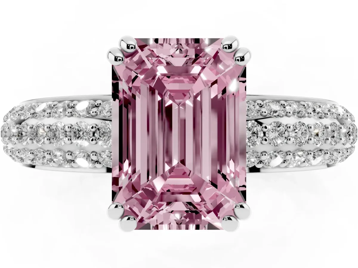 Fancy Pink Emerald Cut Diamond Solitaire Ring with Multi-Row Round Pavé Band and Prong Setting Silver