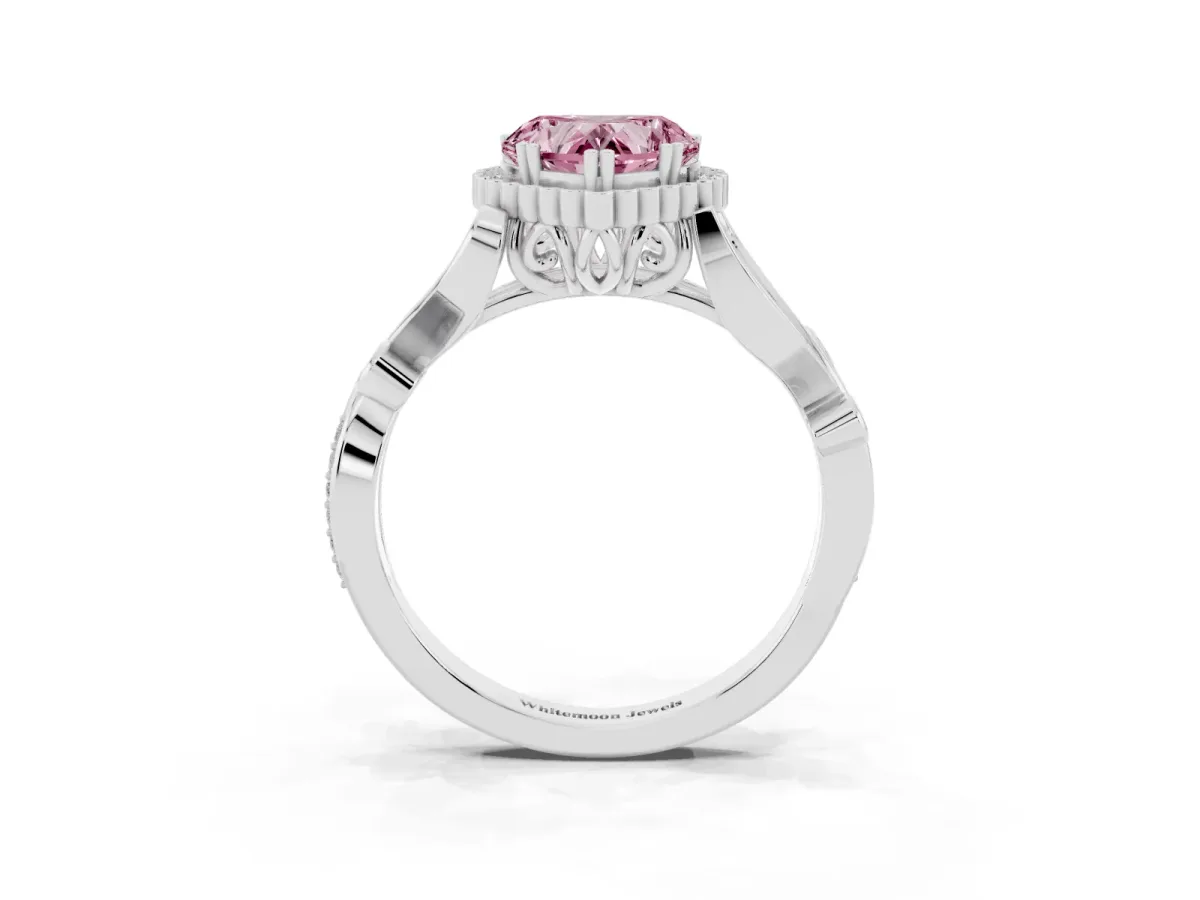 Fancy Pink Heart Cut Diamond Halo Ring with Vintage Split Shank and Four-Prong Setting Silver
