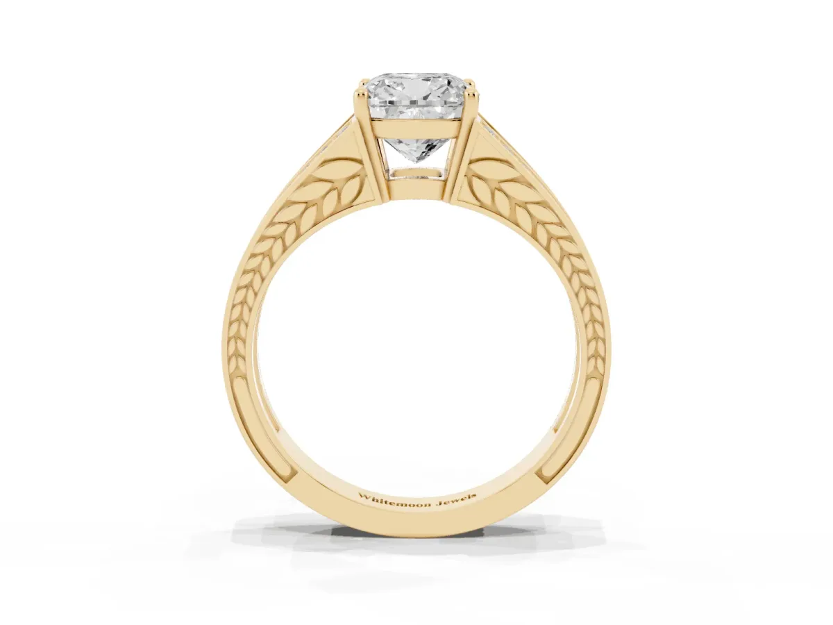 Cushion Cut Diamond Split Shank Ring with Pavé Band and Four-Prong Setting Yellow gold