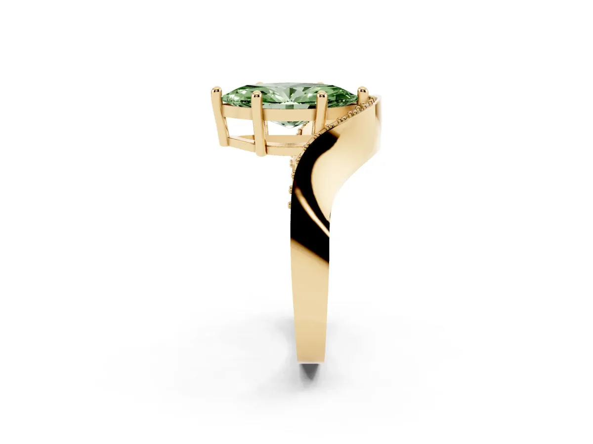 Fancy Green Marquise Cut Solitaire Diamond Engagement Ring with Pave Band and Four-Prong Setting Yellow gold