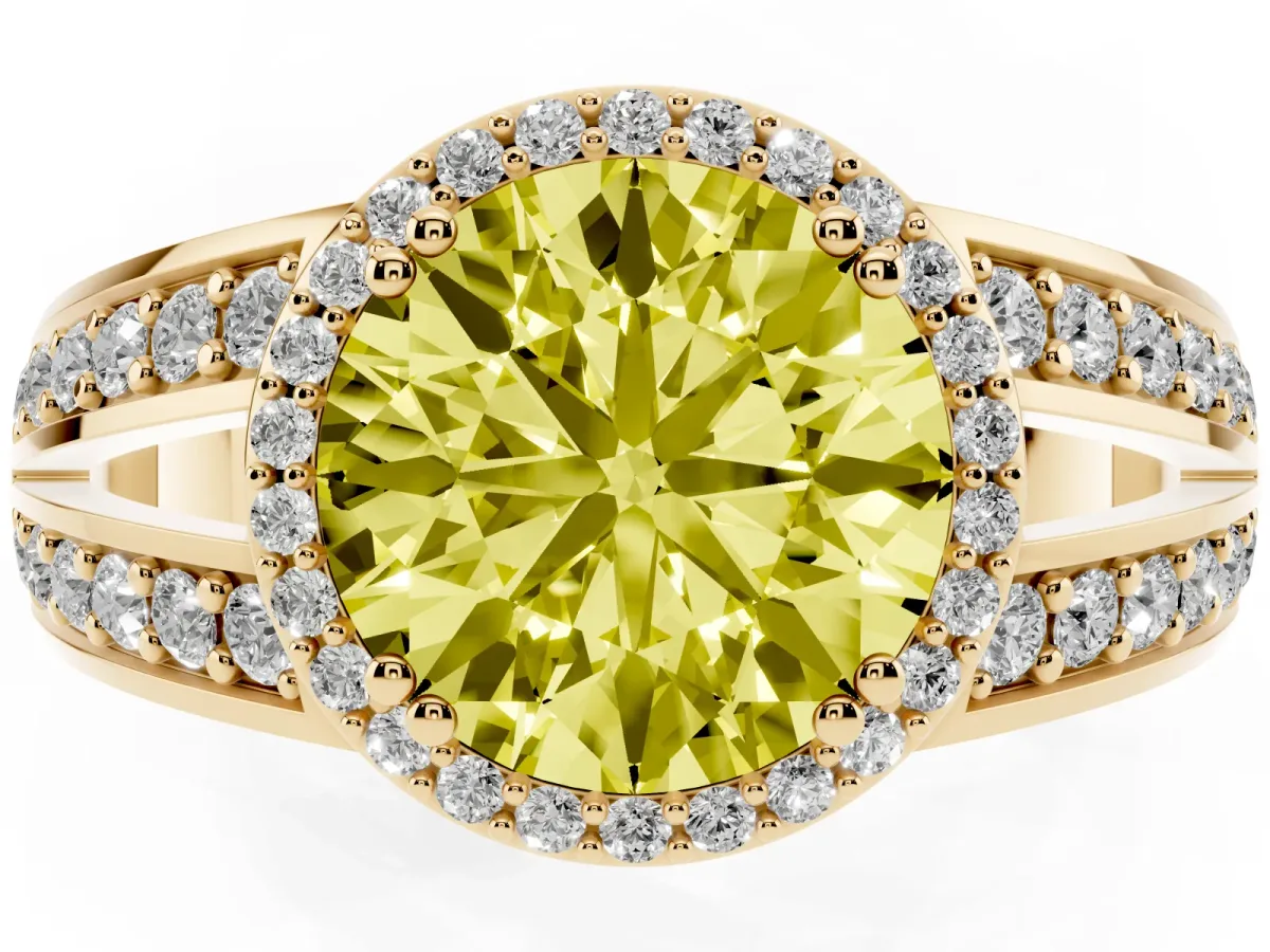 Fancy Yellow Round Cut Diamond Halo Ring with Split Shank Pavé Band and Four-Prong Setting Yellow gold