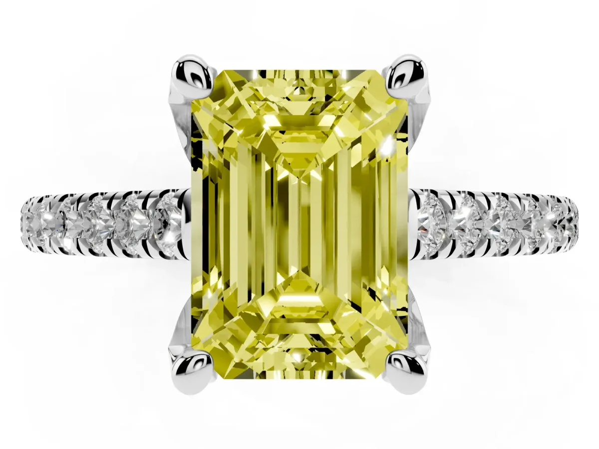 Fancy Yellow Emerald Cut Brilliant Diamond Solitaire with Pavé Band and Four-Prong Setting Platinum