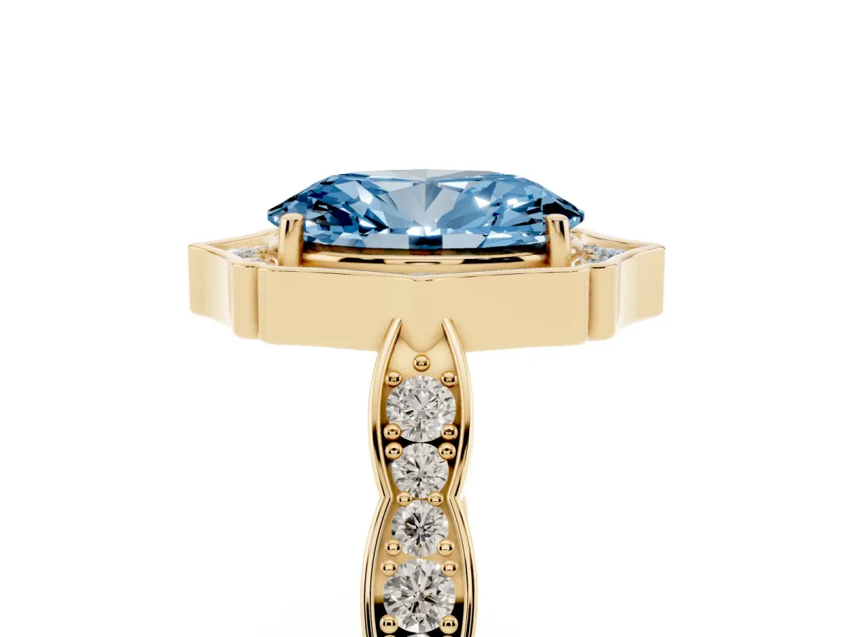 Fancy Blue Oval Cut Halo Diamond Engagement Ring with Milgrain Band and Four-Prong Setting Yellow gold