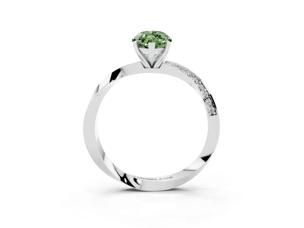 Fancy Green Marquise Cut Diamond Engagement Ring with Side Stone Accents and Four-Prong Setting Silver