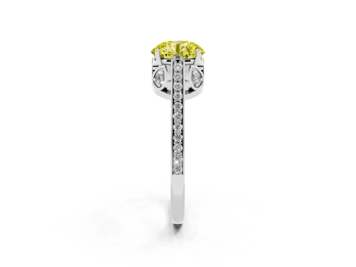 Fancy Yellow Round Cut Cut Cathedral Pave Diamond Engagement Ring with Six-Prong Setting Silver