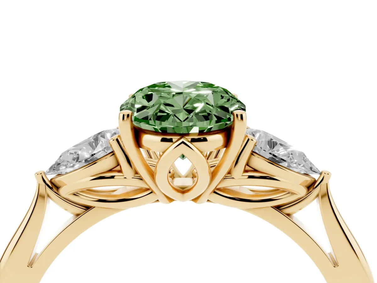 Fancy Green Oval Cut Diamond Three-Stone Ring with Pear Side Stones and Prong Setting Yellow gold