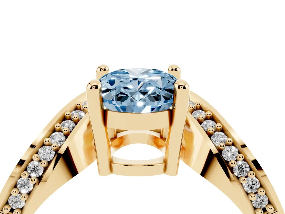 Fancy Blue Oval Cut Solitaire Diamond Engagement Ring with Pave Band and Four-Prong Setting Yellow gold