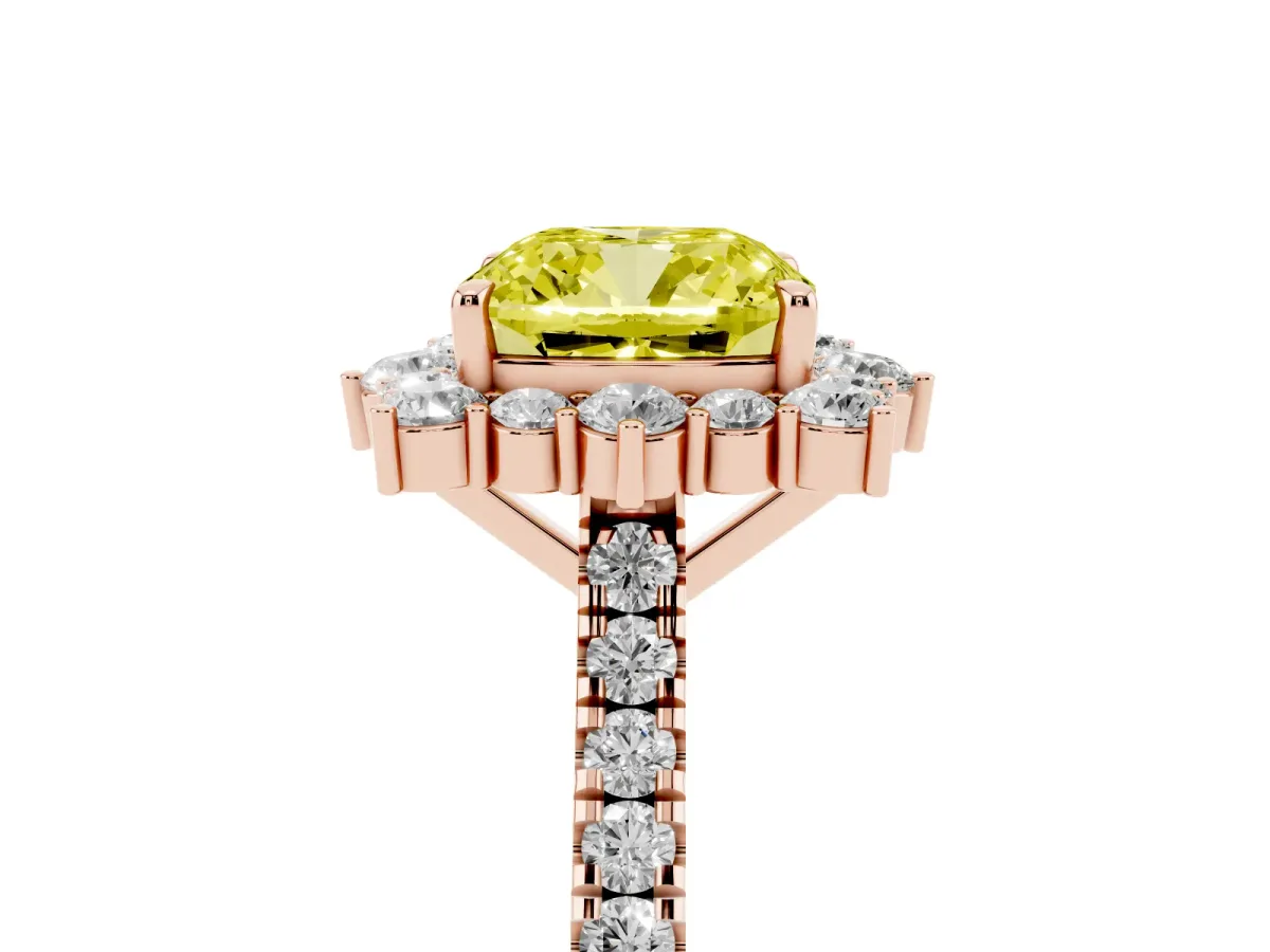 Fancy Yellow Cushion Cut Halo Diamond Ring with Pavé Band and Prong Setting Rose gold