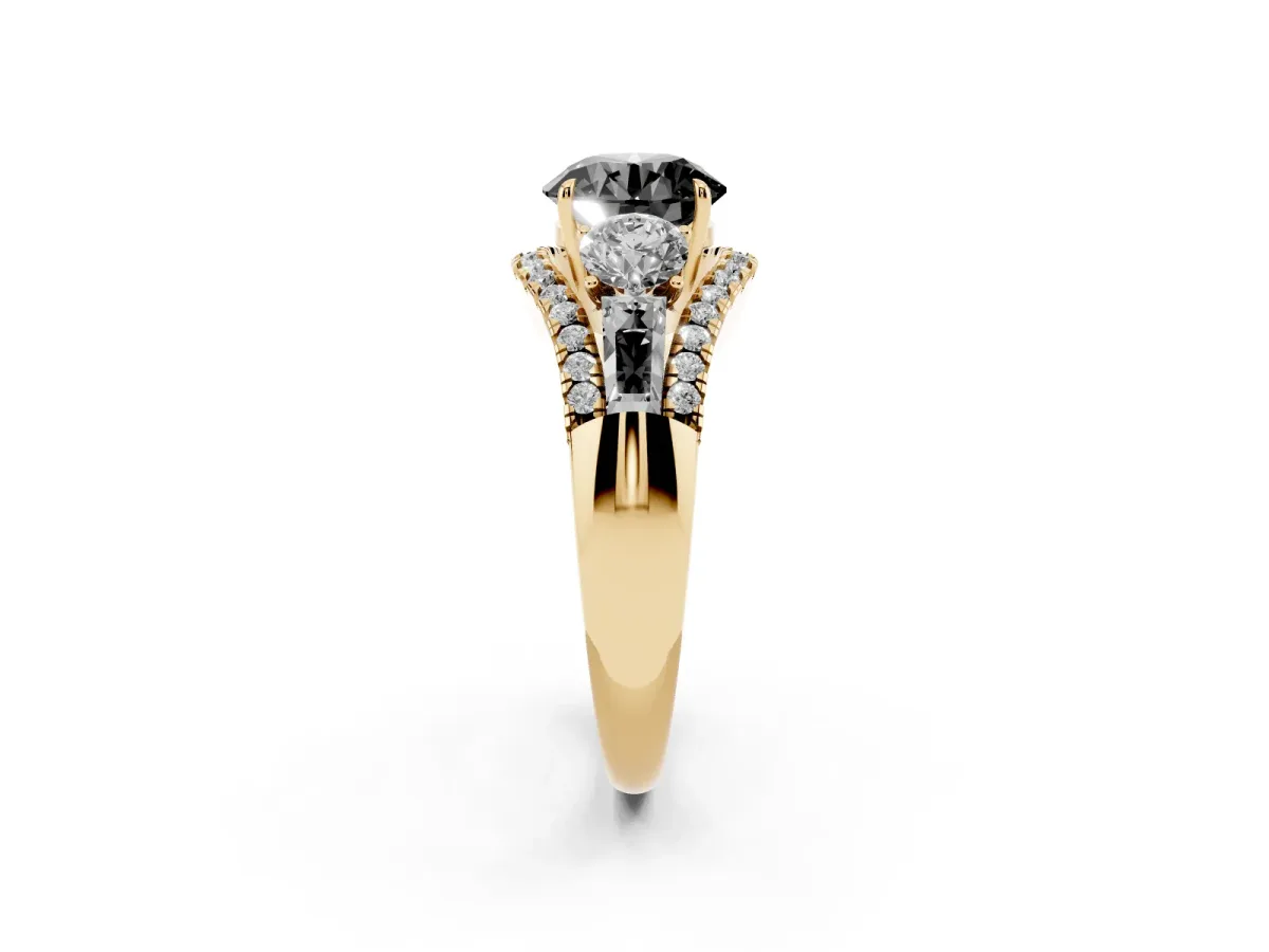 Fancy Black Three-Stone Round Cut Diamond Engagement Ring with Pave Band and Prong Setting Yellow gold