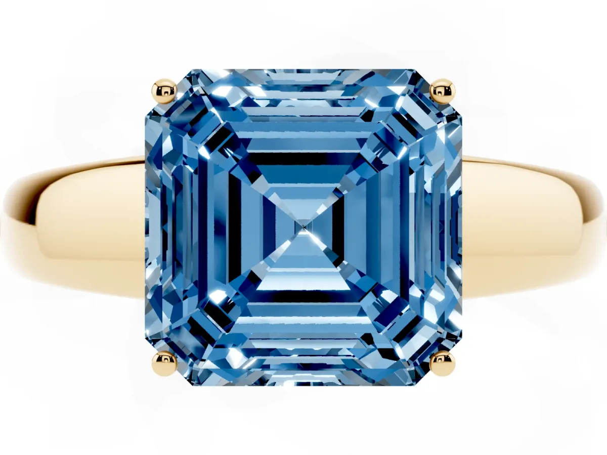 Fancy Blue Asscher Cut Solitaire Diamond Ring with Tapered Band and Four-Prong Setting Yellow gold