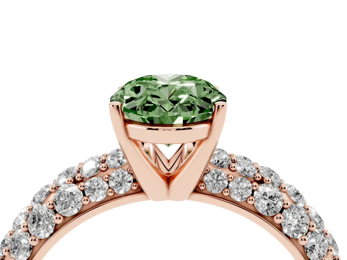 Fancy Green Oval Cut Diamond Pavé Band Solitaire Ring with Four-Prong Setting Rose gold