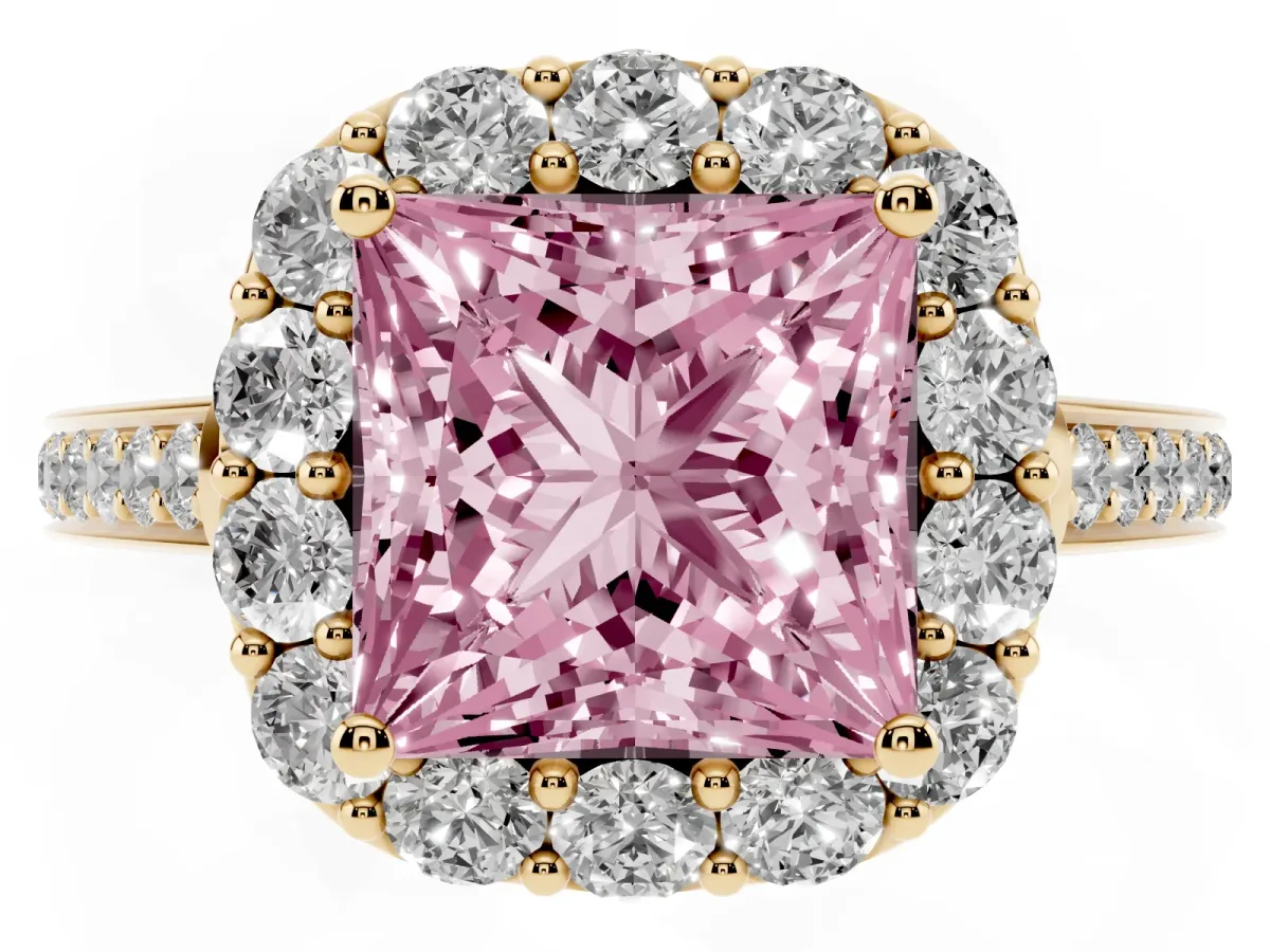 Fancy Pink Princess Cut Diamond Floral Halo Ring with Pavé Band and Prong Setting Yellow gold