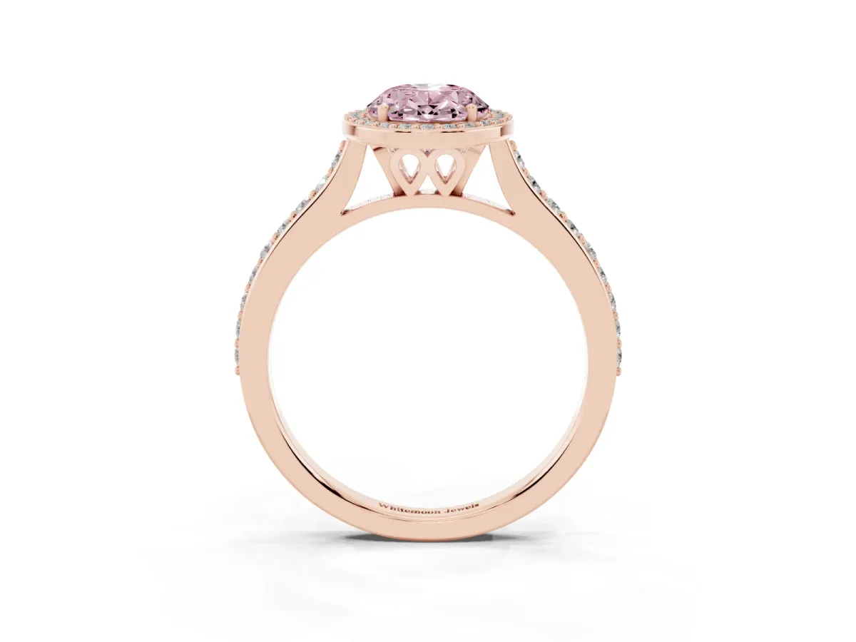 Fancy Pink Oval Cut Diamond Halo Engagement Ring with Round Pavé Shoulders and Prong Setting Rose gold