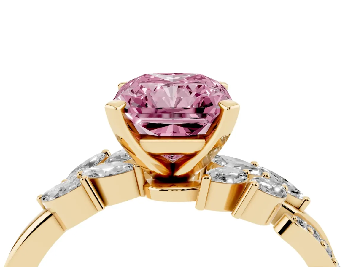 Fancy Pink Radiant Cut Solitaire Marquise Twist Band with Six-Prong Setting Yellow gold