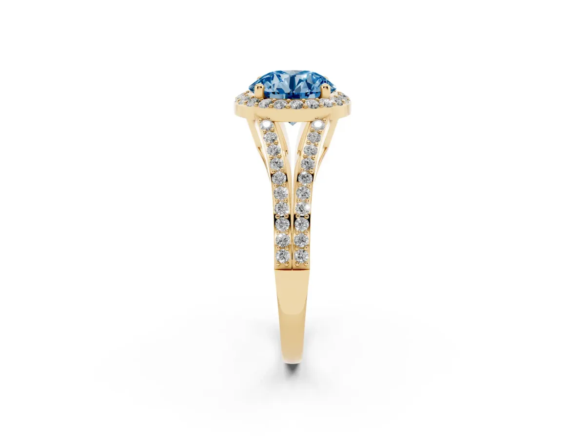 Fancy Blue Round Cut Halo Split Shank Diamond Ring with Prong Setting Yellow gold