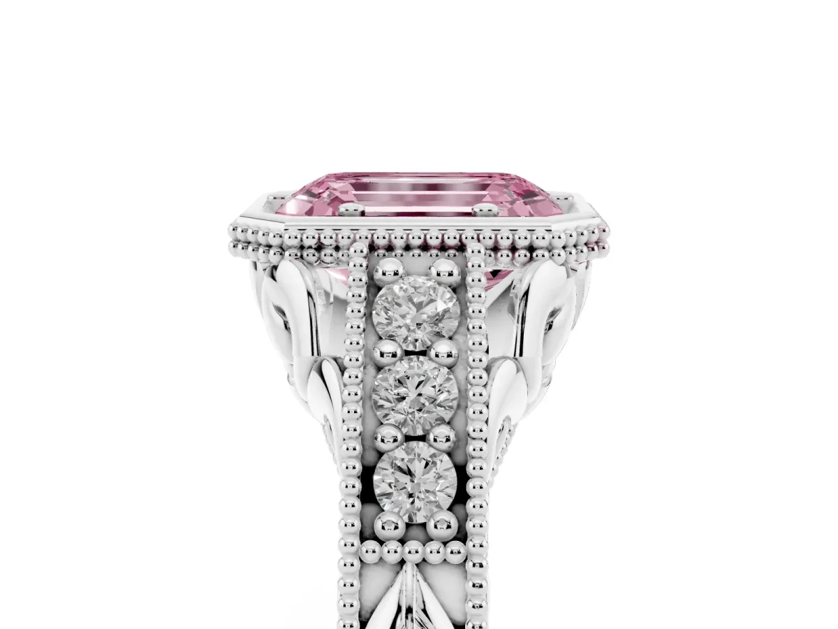 Fancy Pink Bezel Set Emerald Cut Diamond Milgrain Pave Engagement Ring Platinum