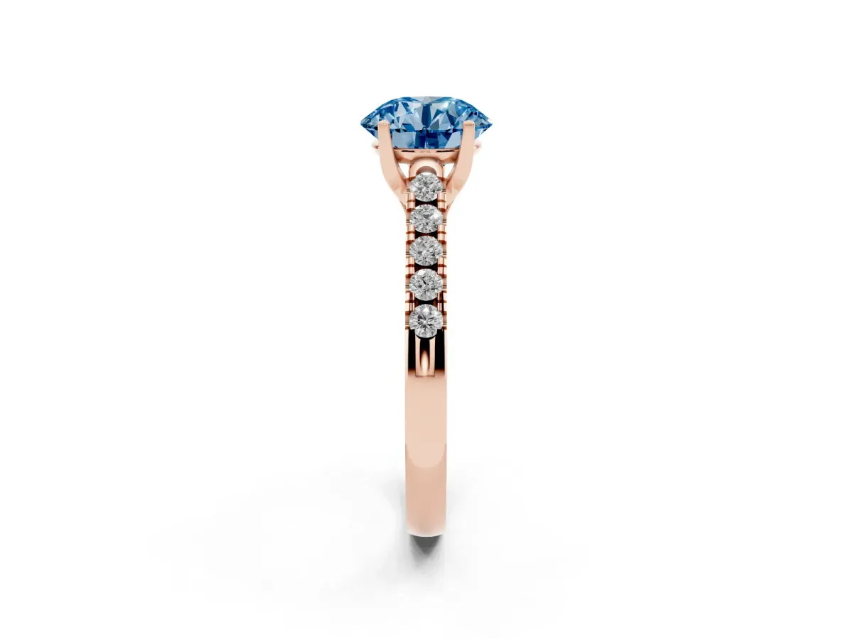 Fancy Blue Round Cut Diamond Pavé Band Solitaire Ring with Prong Setting Rose gold