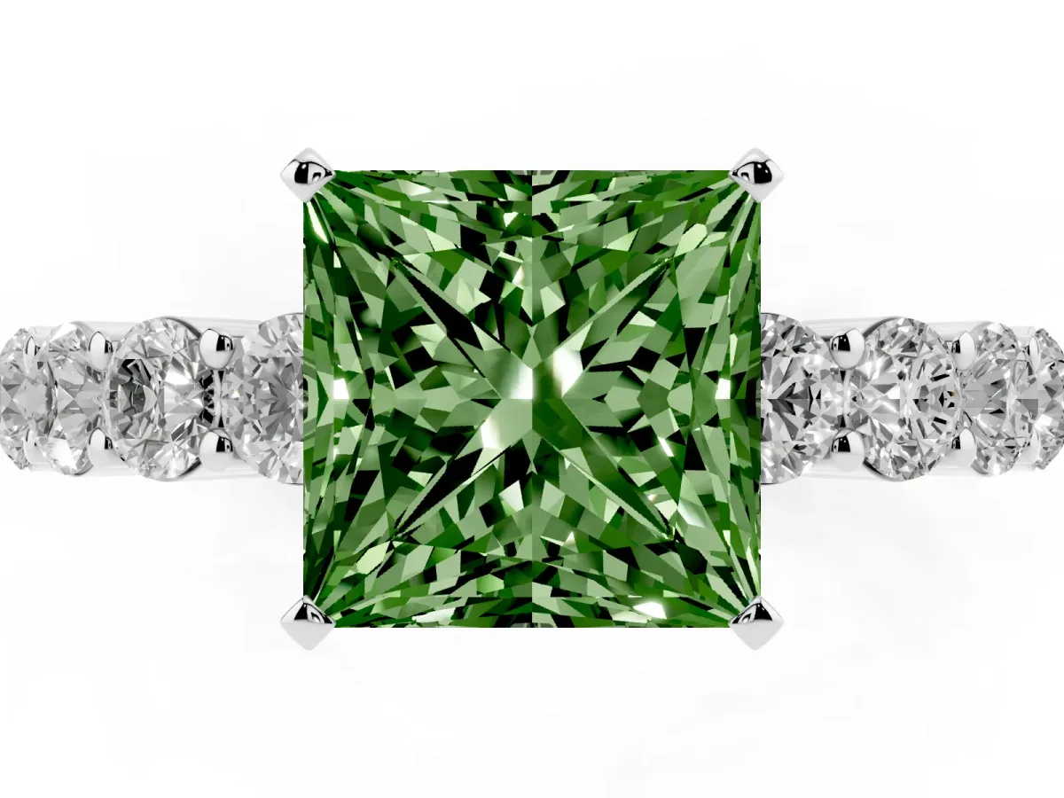 Fancy Green Princess Cut Diamond Solitaire Ring with Shared Prong Round Side Stones Platinum
