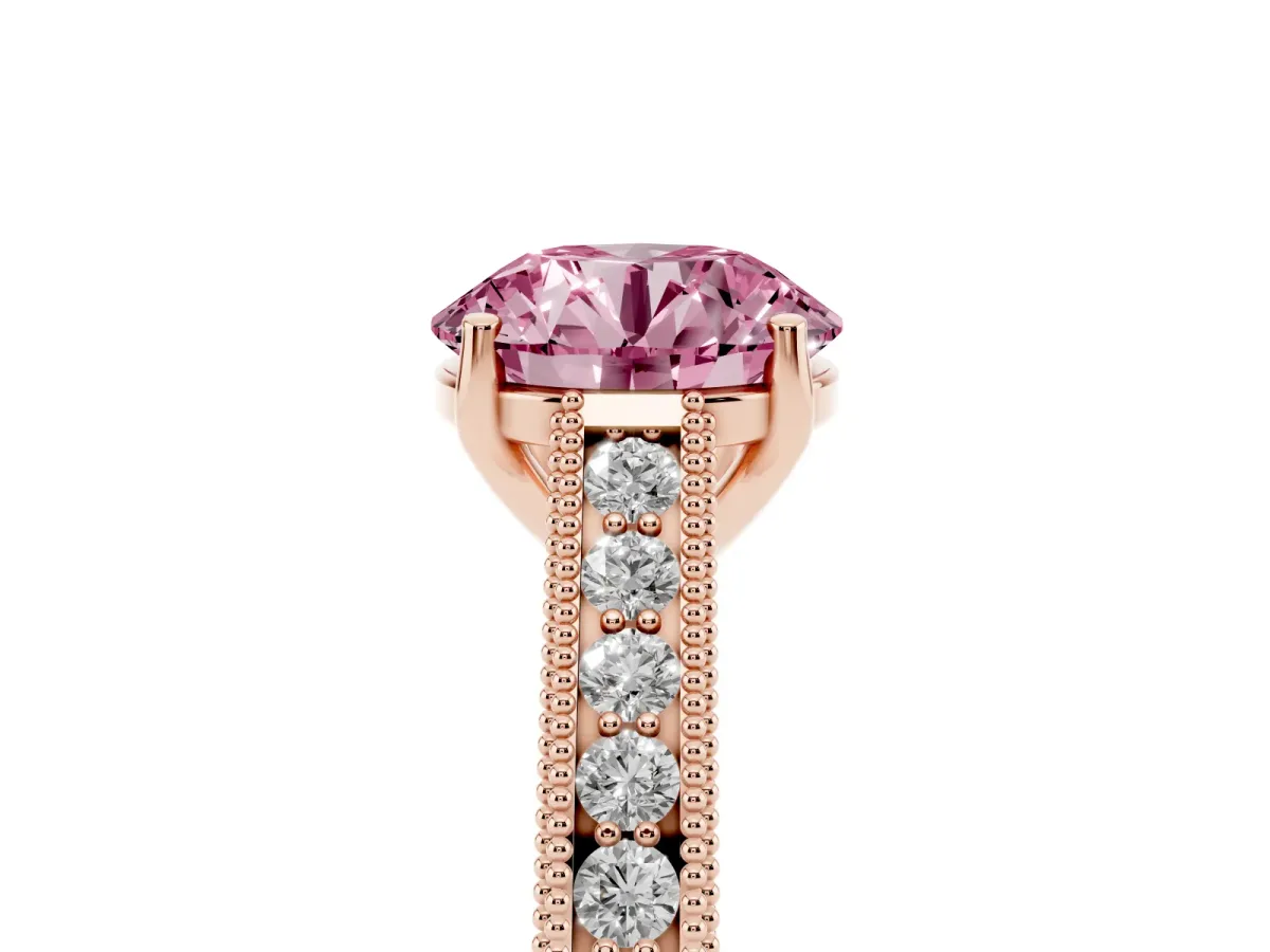 Fancy Pink Round Cut Cut Pave Band Milgrain Solitaire Ring Rose gold
