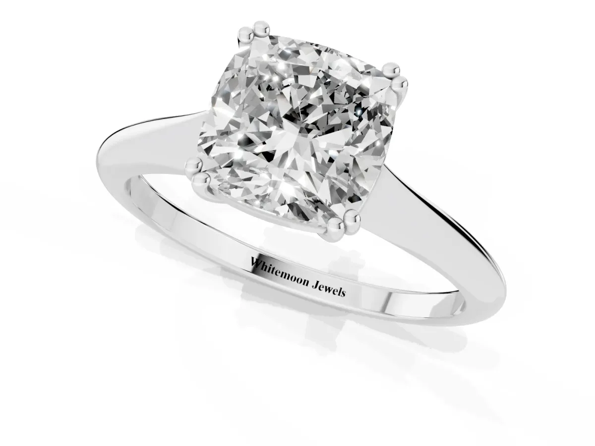 Cushion Cut Solitaire Diamond Ring with Six-Prong Setting and Classic Band Silver