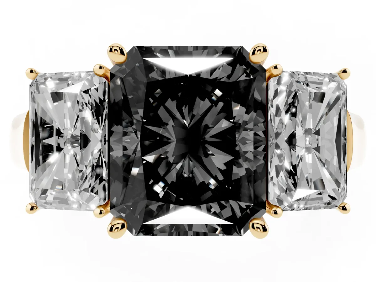 Fancy Black Three-Stone Radiant Cut Brilliant Diamond Trellis Ring with Comfort Fit Band Yellow gold