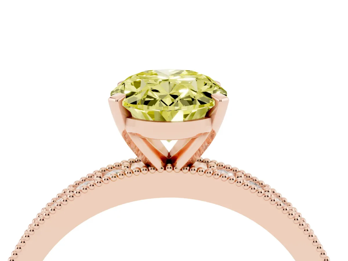 Fancy Yellow Oval Cut Diamond Milgrain Pavé Engagement Ring with Four-Prong Setting Rose gold