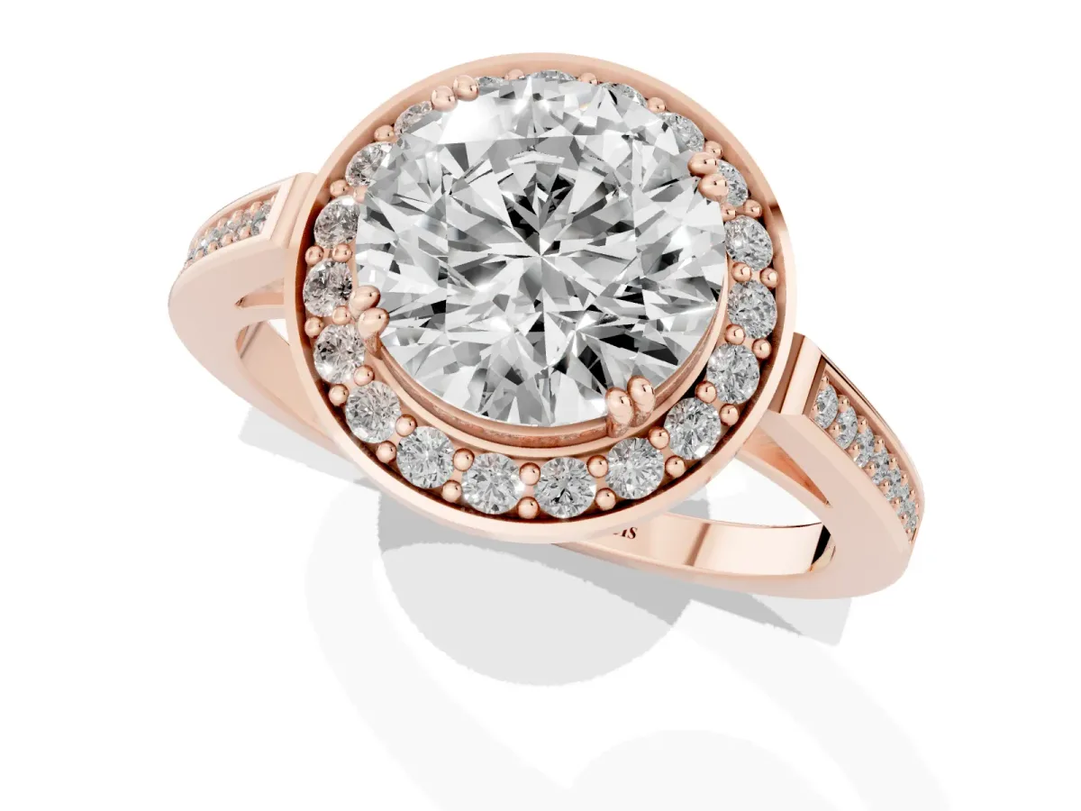 Round Cut Diamond Halo Ring with Split Shank and Four-Prong Setting Rose gold