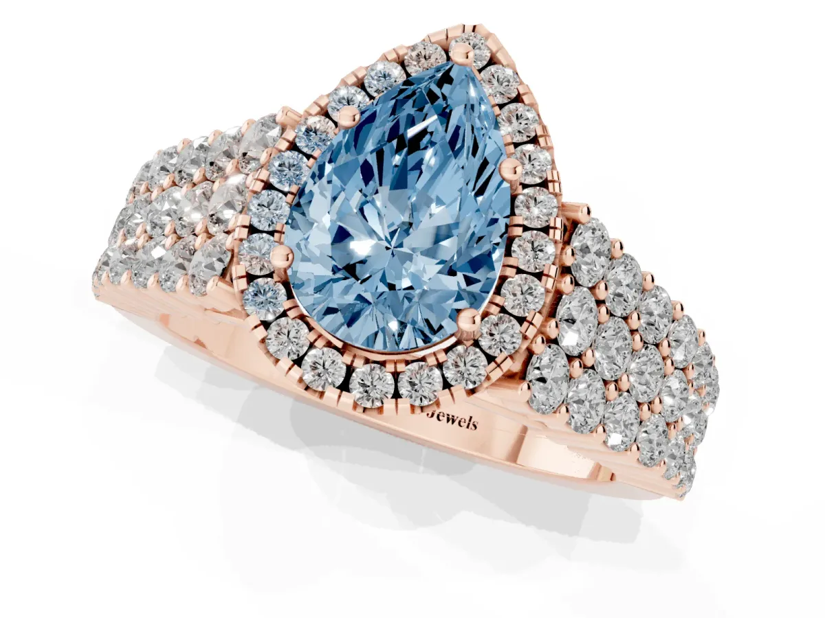 Fancy Blue Pear Cut Diamond Halo Engagement Ring with Triple Row Round Pavé Band and Prong Setting Rose gold