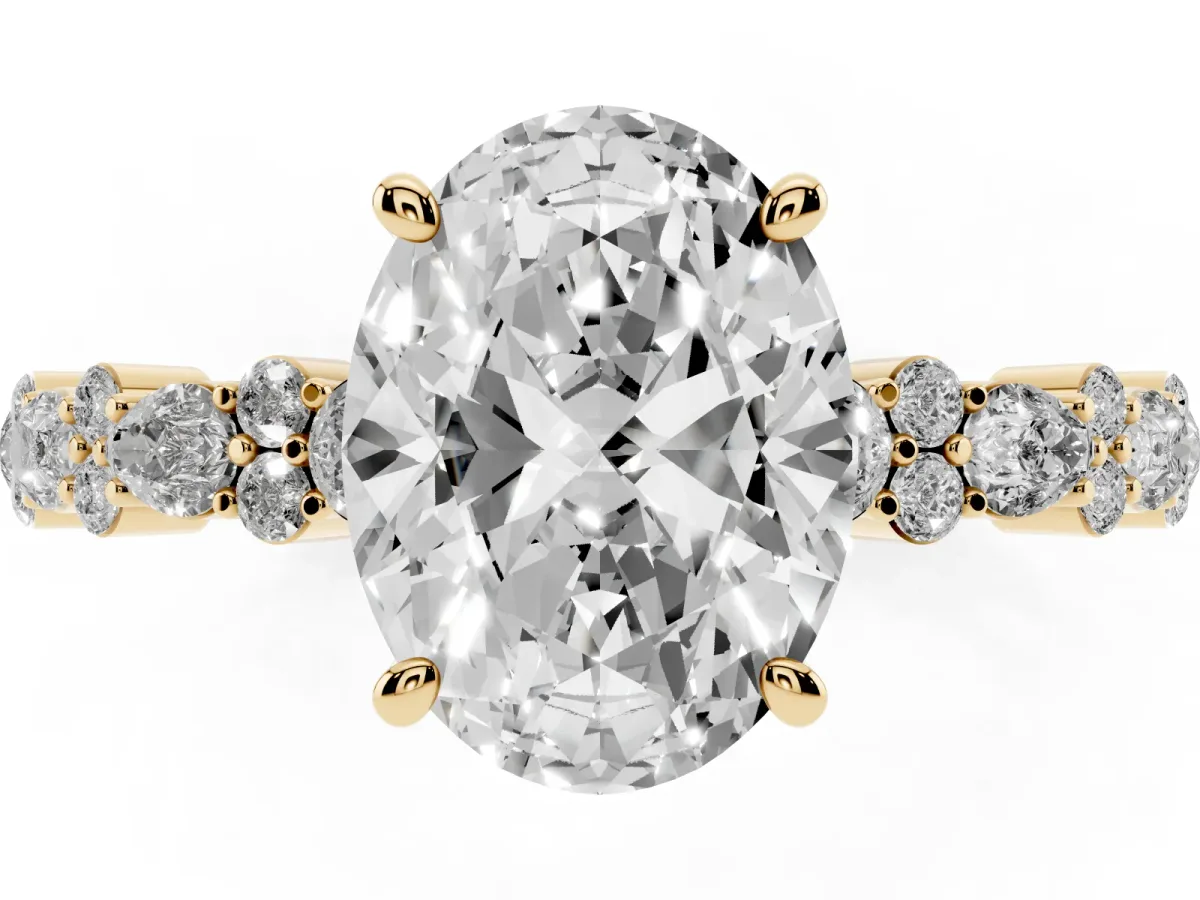 Oval Cut Diamond Side Stone Solitaire Ring with Round and Four-Prong Setting Yellow gold