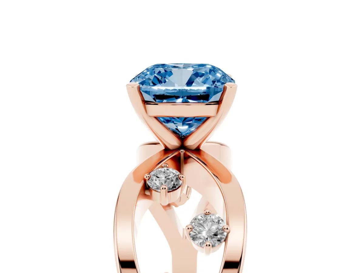 Fancy Blue Cushion Cut Cut Solitaire Diamond with Side Stones on Criss-Cross Band and Four-Prong Setting Rose gold