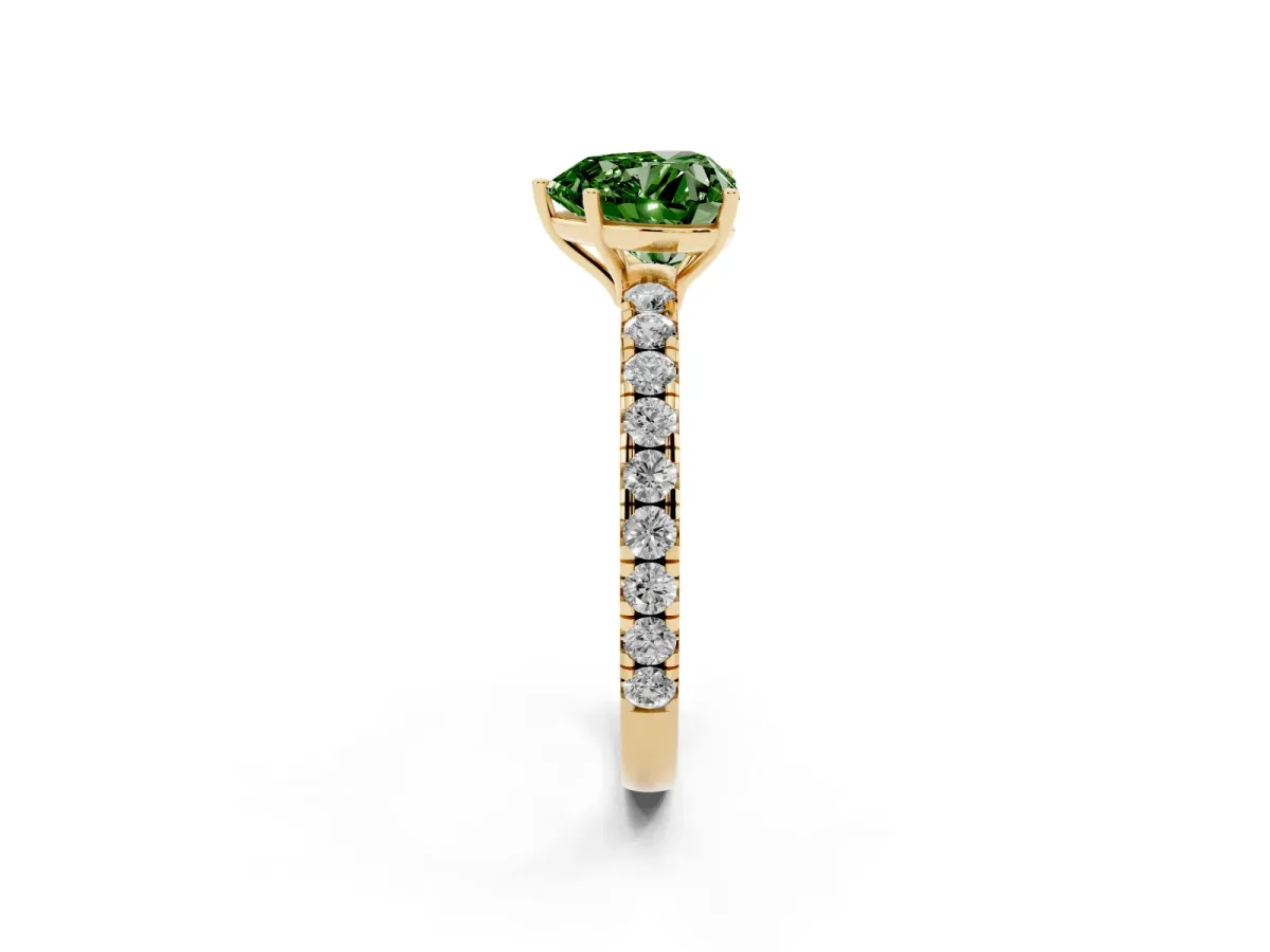 Fancy Green Heart Cut Diamond Pavé Solitaire Engagement Ring with Four-Prong Setting Yellow gold