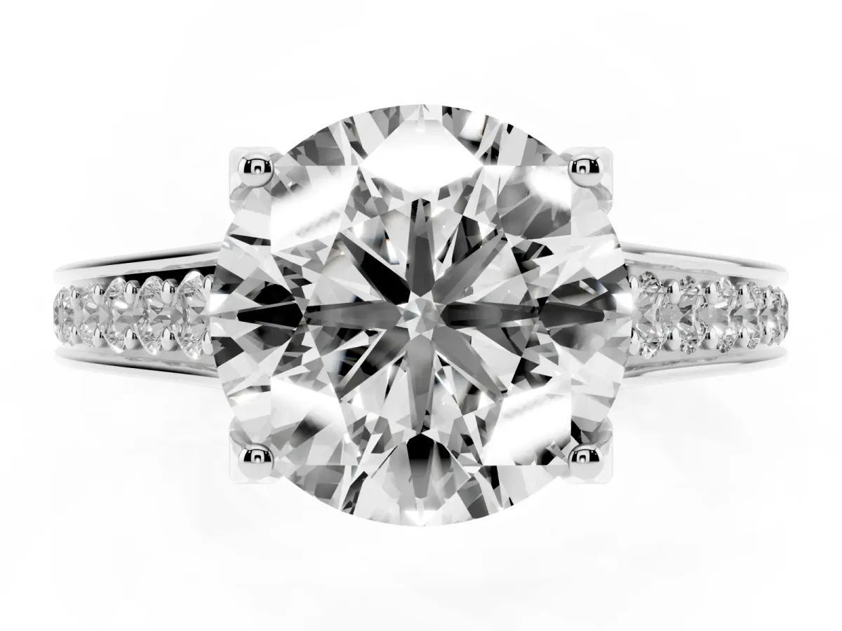 Round Cut Brilliant Cut Diamond Engagement Ring with Pavé Band and Four-Prong Setting Platinum