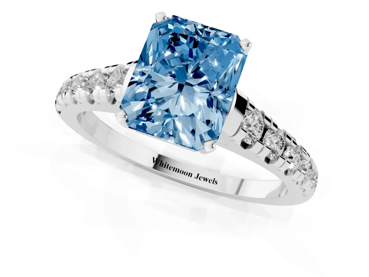 Fancy Blue Radiant Cut Diamond Cathedral Solitaire Ring with Round Pavé Band Silver