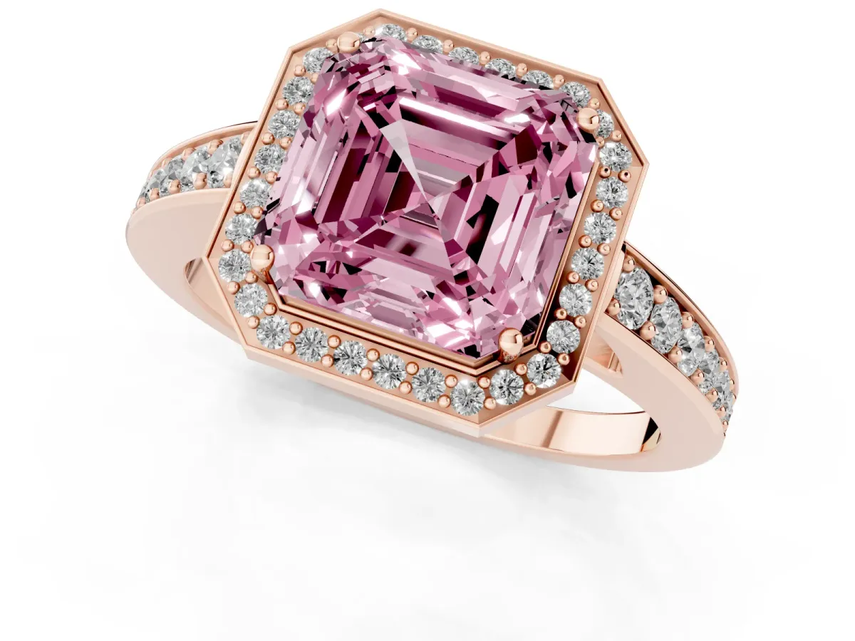 Fancy Pink Asscher Cut Halo Pavé Diamond Engagement Ring with Bezel Setting Rose gold