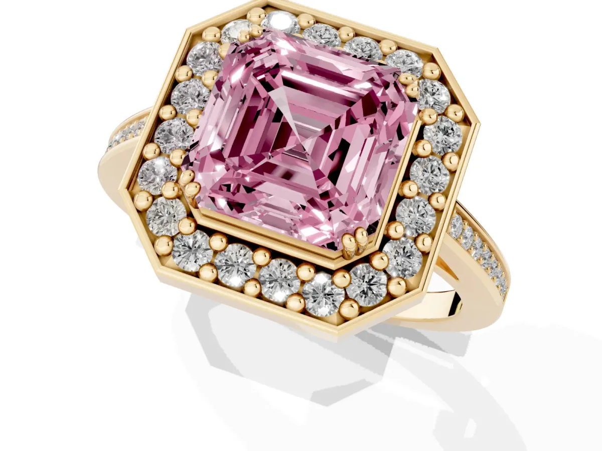 Fancy Pink Asscher Cut Diamond Halo Ring with Split Shank and Four-Prong Setting Yellow gold