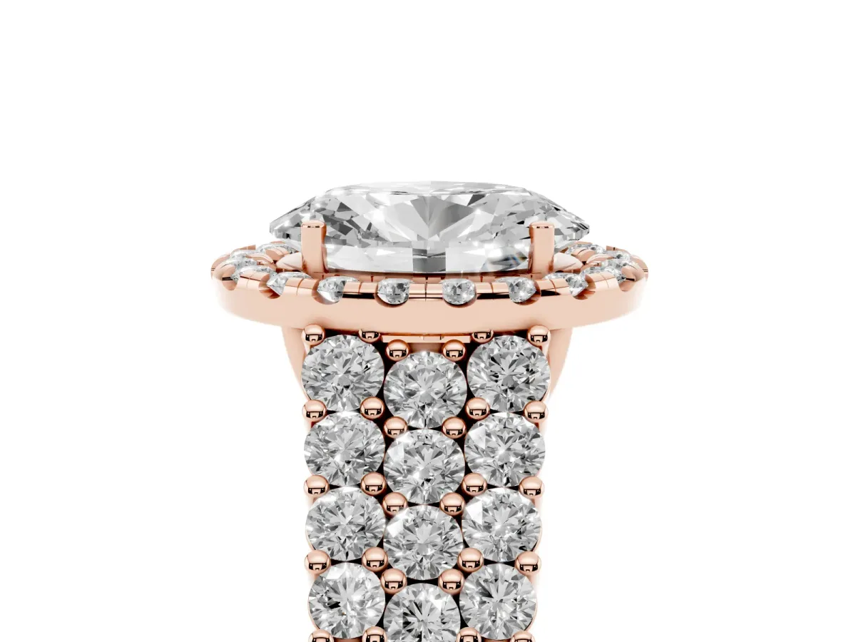 Oval Cut Diamond Halo Engagement Ring with Triple Row Round Pavé Band and Prong Setting Rose gold