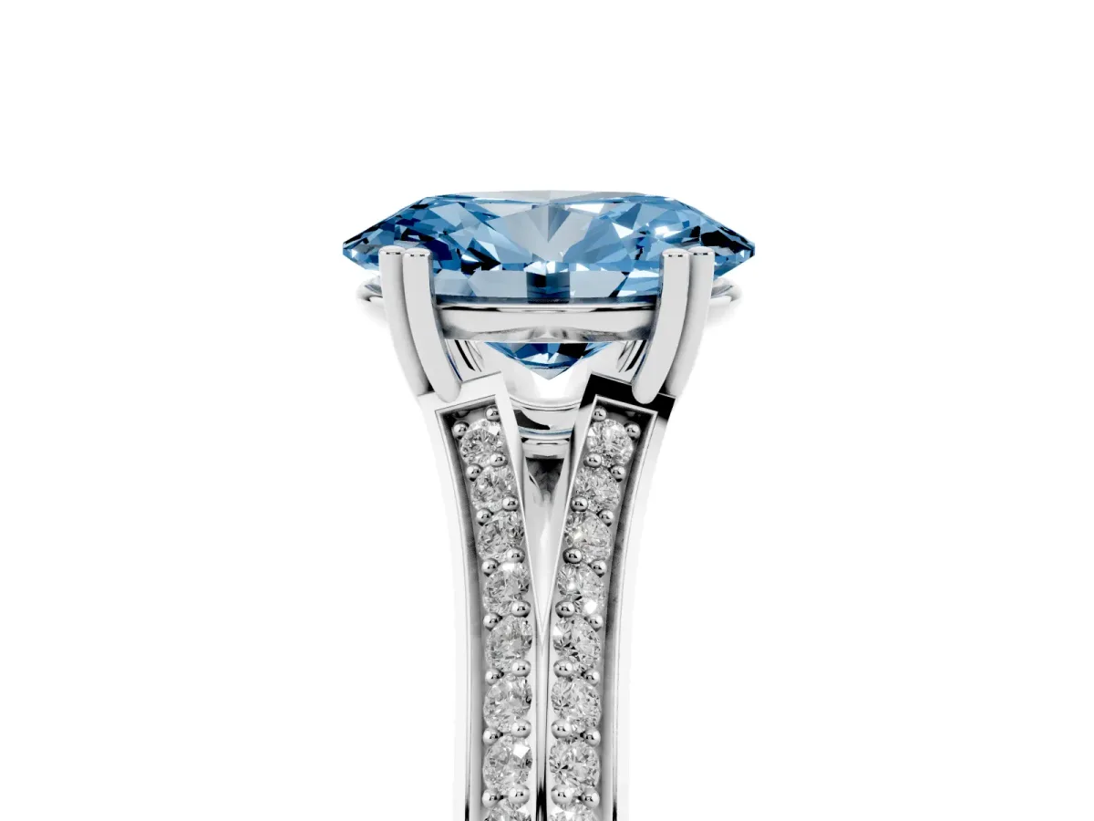Fancy Blue Oval Cut Diamond Split Shank Engagement Ring with Pavé Band White gold