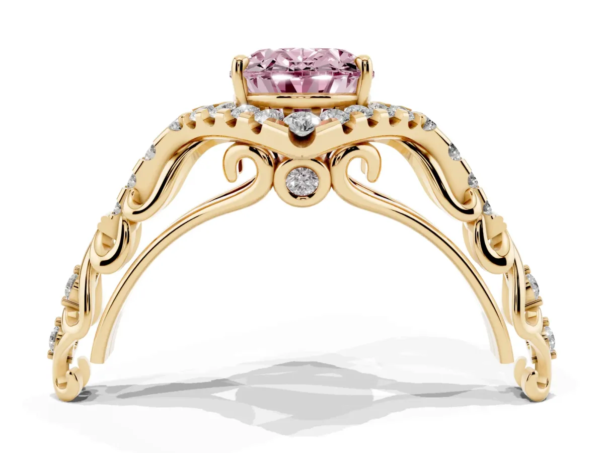 Fancy Pink Oval Cut Diamond Solitaire Ring with Hidden Halo and Pavé Band Yellow gold