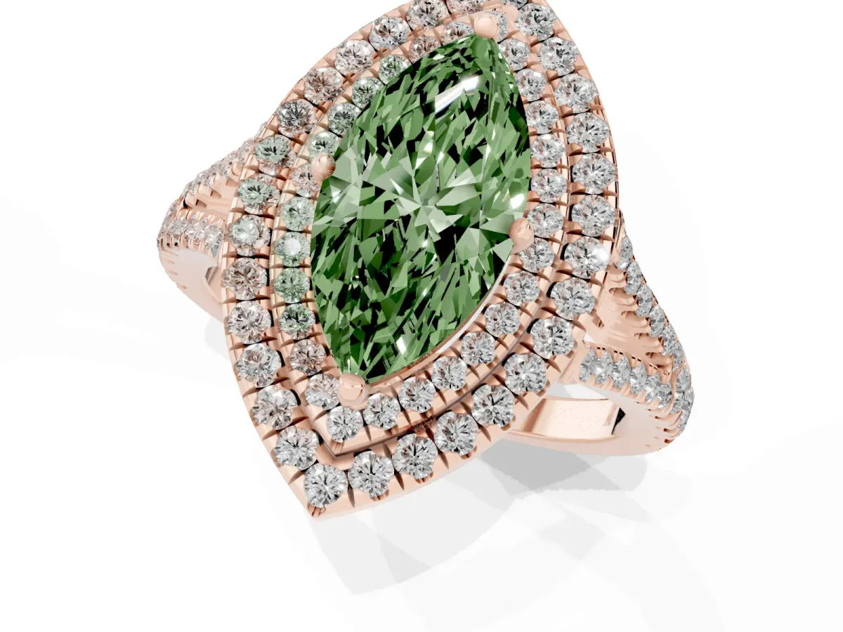 Fancy Green Marquise Cut Diamond Double Halo Ring with Pavé Band and Prong Setting Rose gold