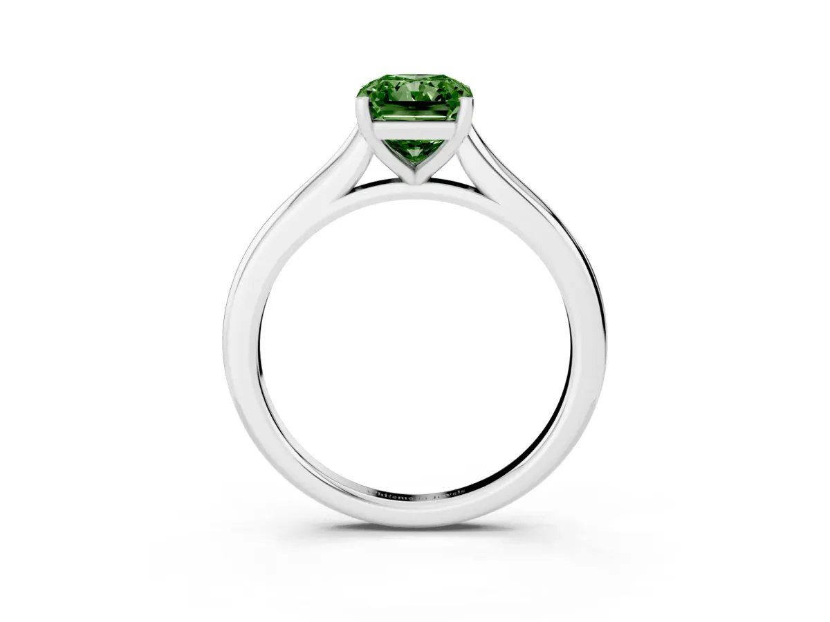 Fancy Green Radiant Cut Cut Solitaire Ring with Cathedral Band and Four-Prong Setting Silver