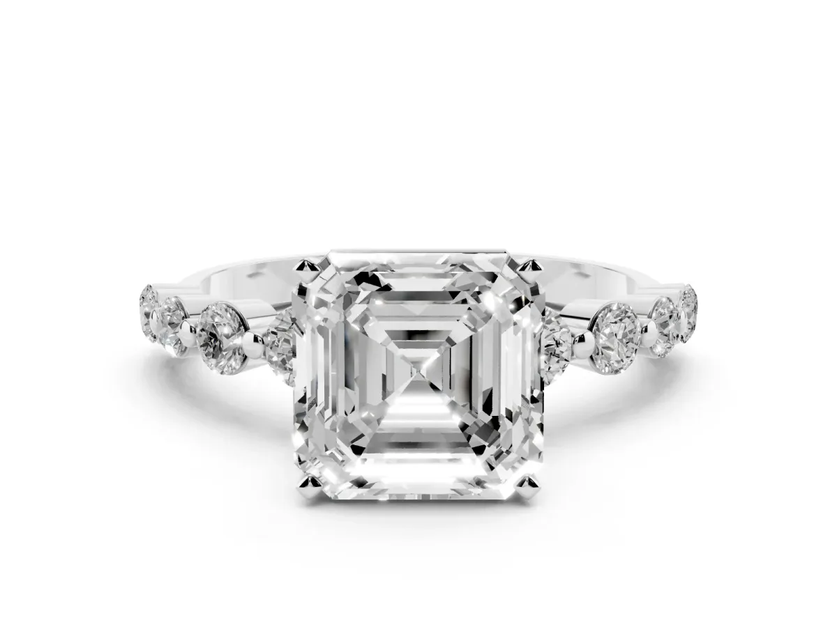 Asscher Cut Solitaire Diamond Ring with Pave Band and Four-Prong Setting Silver