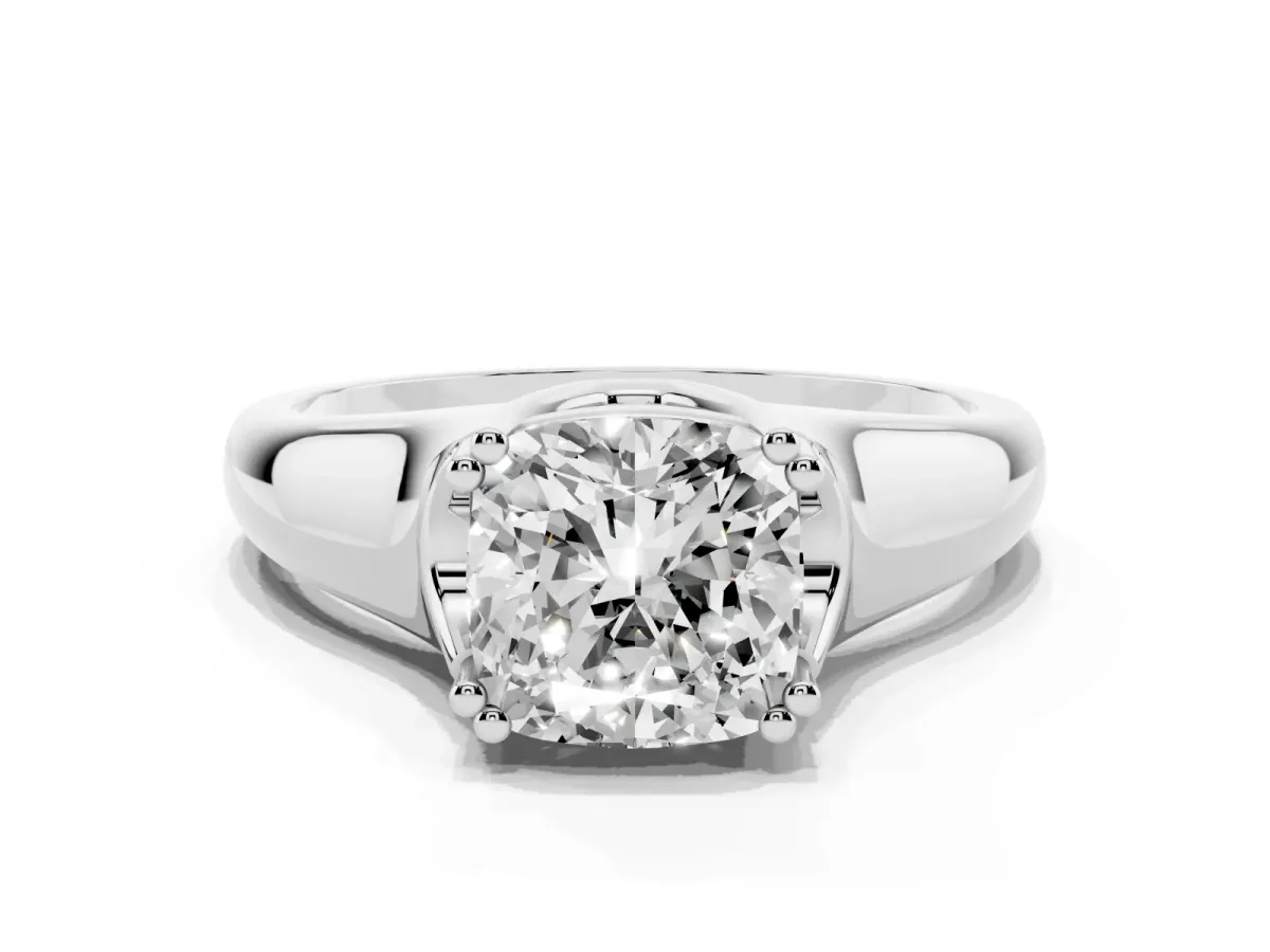 Cushion Cut Diamond Solitaire Ring with Wide Band and Prong Setting White gold