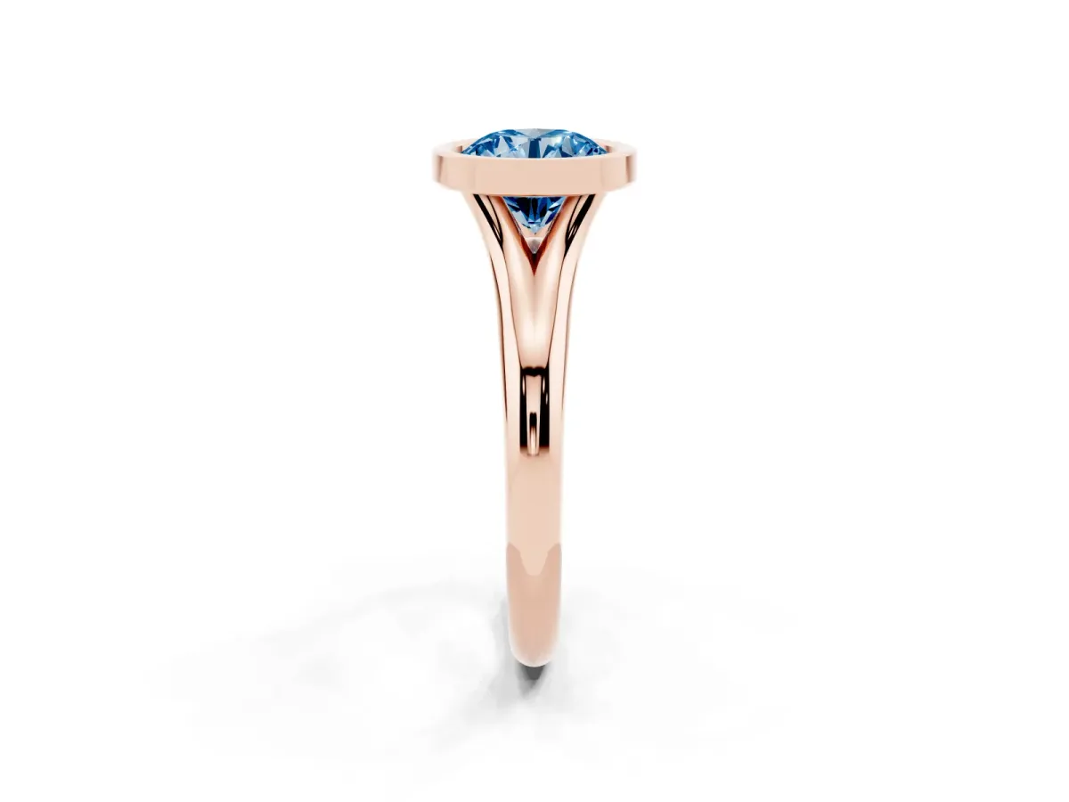 Fancy Blue Bezel Set Round Cut Solitaire Diamond Ring with Smooth Band Rose gold