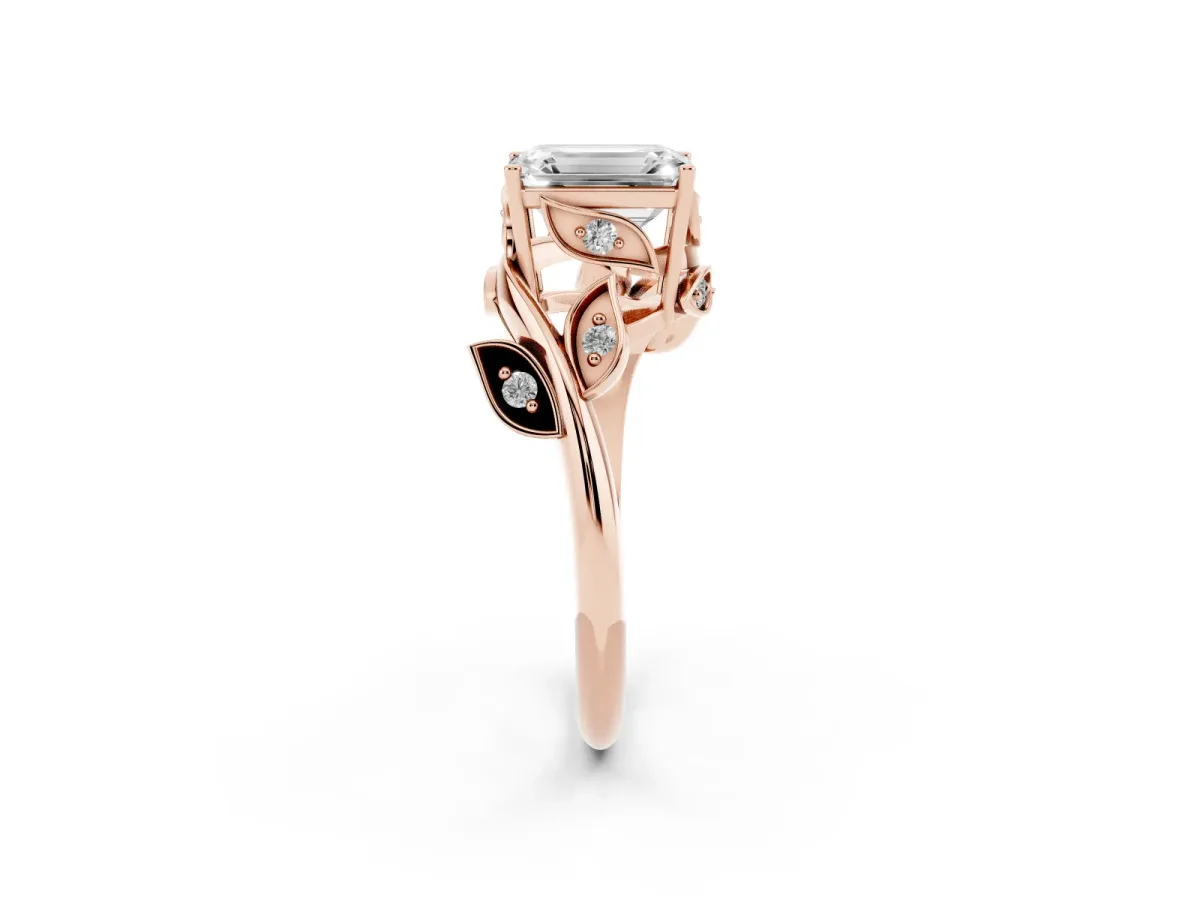 Emerald Cut Solitaire Twist Engagement Ring with Leaf Accents and Prong Setting Rose gold
