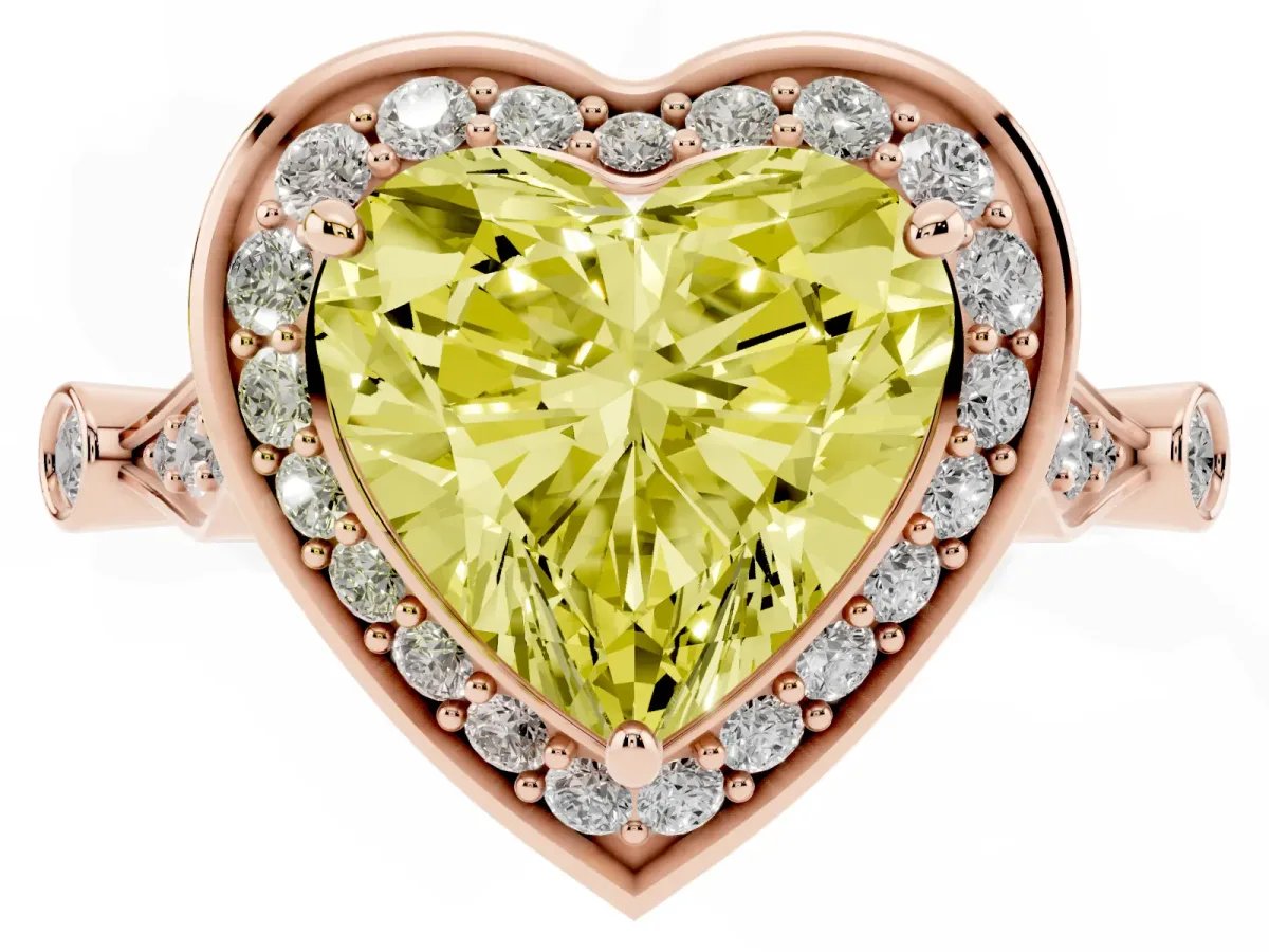 Fancy Yellow Heart Cut Halo Diamond Engagement Ring with Twisted Band and Four-Prong Setting Rose gold